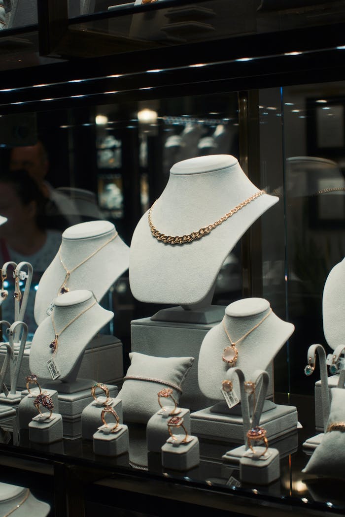 services-02 Elegant jewelry pieces elegantly arranged in a retail display case.