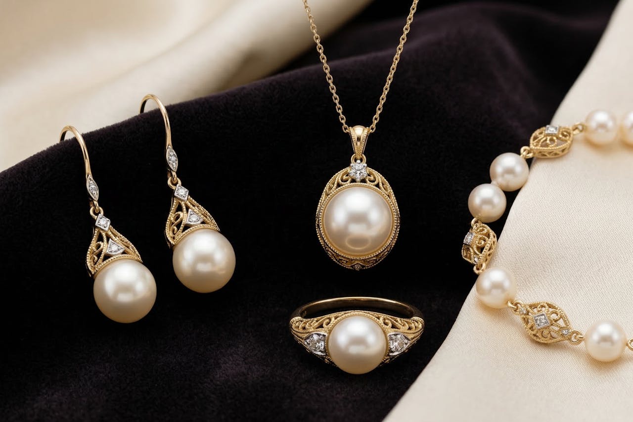 why-choose-us Stunning vintage pearl and gold jewelry set featuring necklace, earrings, ring, and bracelet.